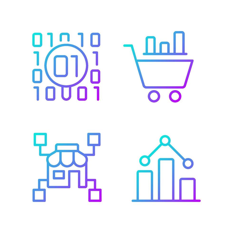 Retail data mining and analytics gradient linear vector icons set. Virtual marketing researching. Digital business tools. Thin line contour symbols bundle. Isolated outline illustrations collection