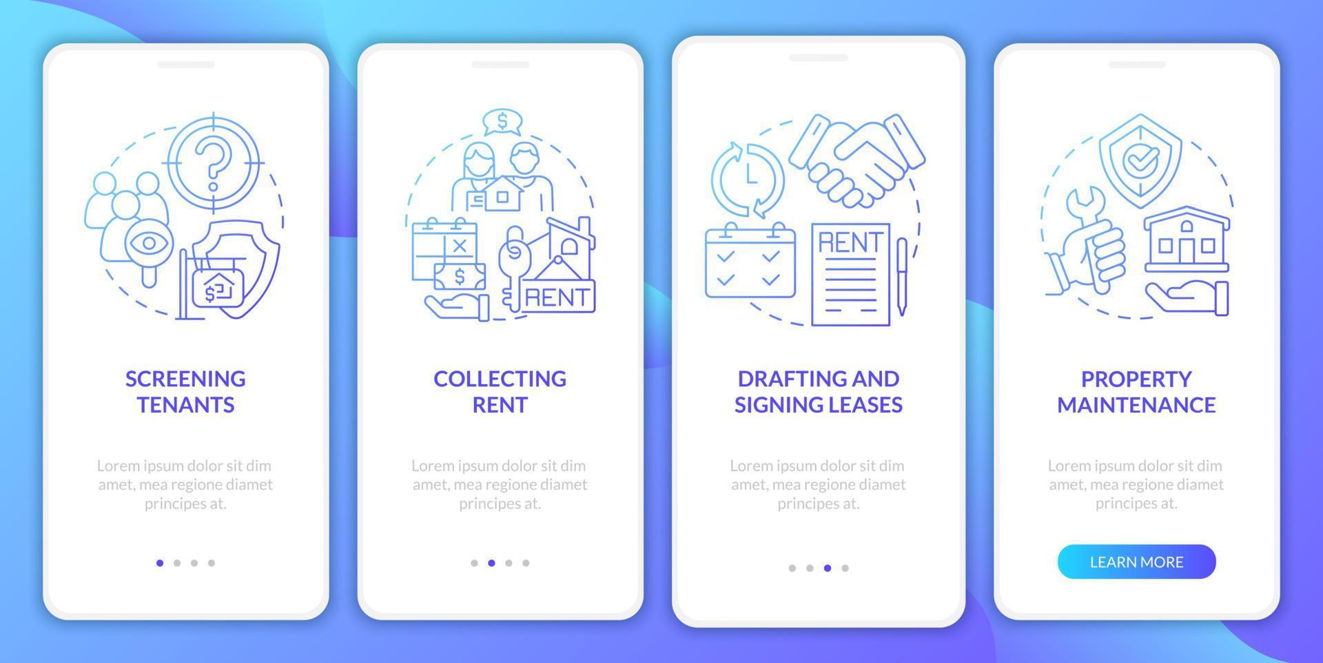 Property manager blue gradient onboarding mobile app screen. Works walkthrough 4 steps graphic instructions pages with linear concepts. UI, UX, GUI template. Myriad Pro-Bold, Regular fonts used vector