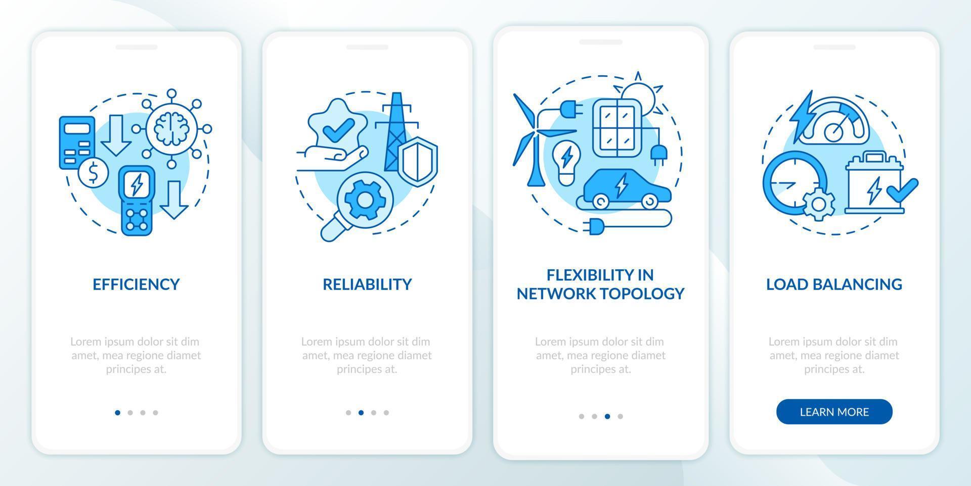 la red inteligente presenta una pantalla de aplicación móvil de incorporación azul. integre las páginas de instrucciones gráficas de 4 pasos del tutorial de red con conceptos lineales. interfaz de usuario, ux, plantilla de interfaz gráfica de usuario. innumerables fuentes pro-negrita y regulares utilizadas vector