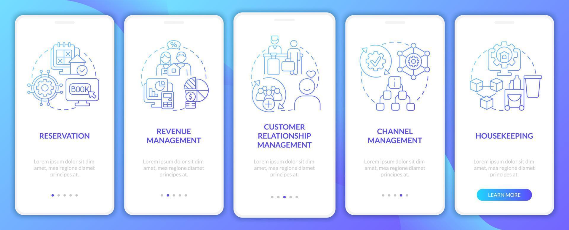 Realty management module blue gradient onboarding mobile app screen. Tech walkthrough 5 steps graphic instructions pages with linear concepts. UI, UX, GUI template. Myriad Pro-Bold, Regular fonts used vector