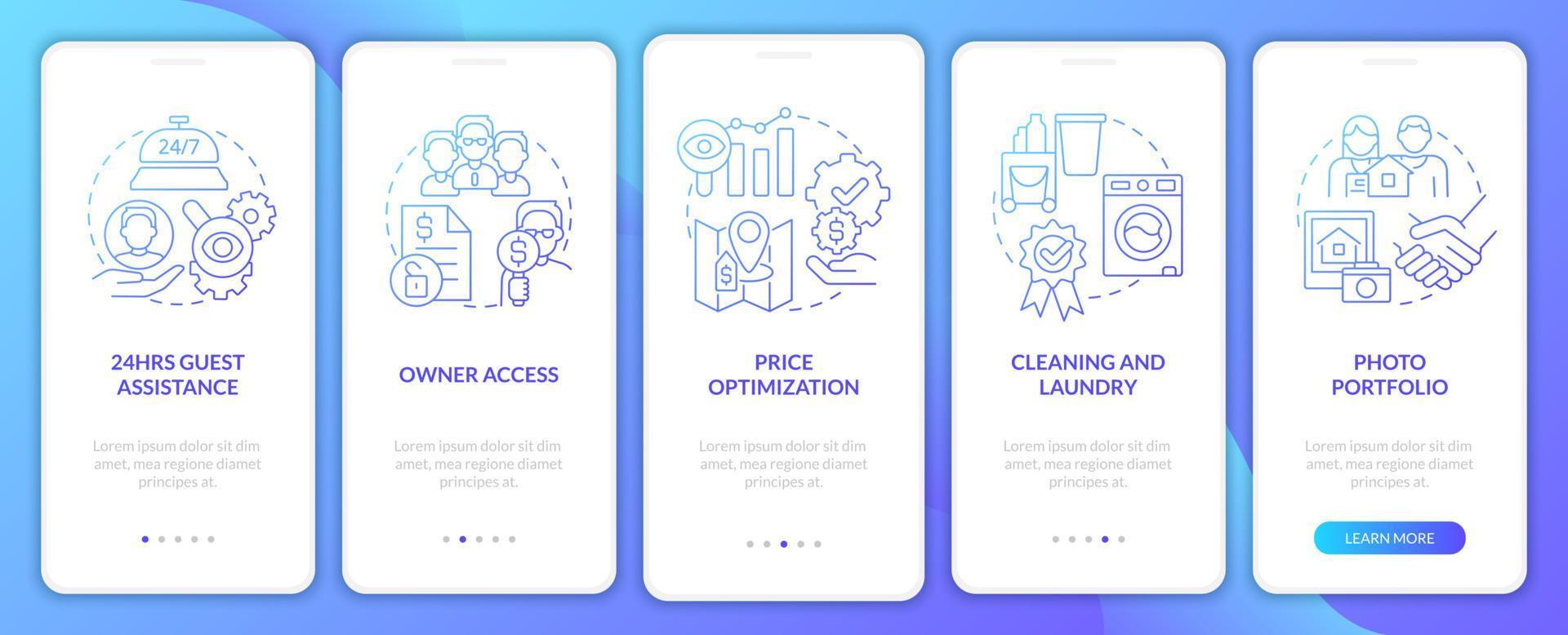 Hotels management blue gradient onboarding mobile app screen. Services walkthrough 5 steps graphic instructions pages with linear concepts. UI, UX, GUI template. Myriad Pro-Bold, Regular fonts used vector