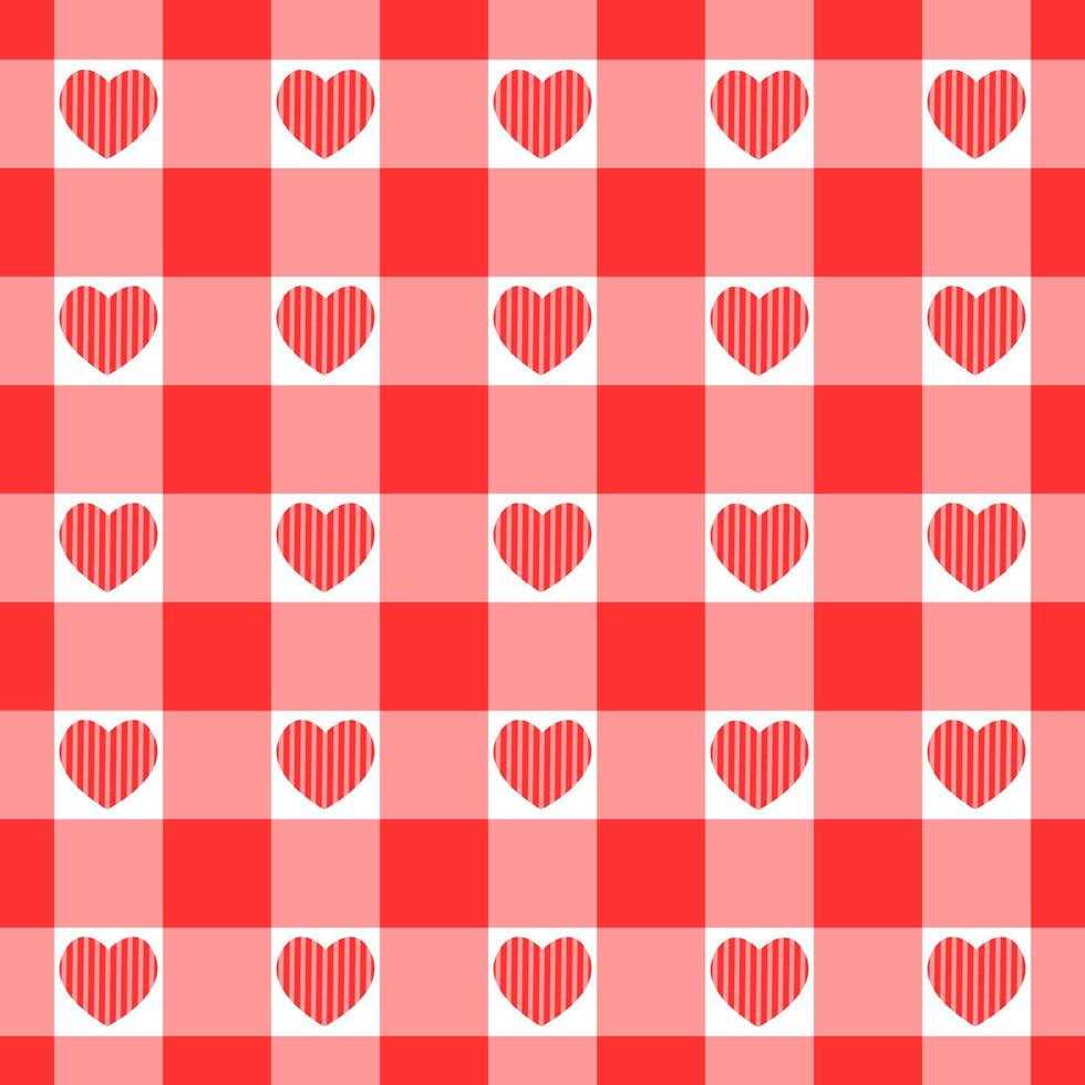 Vichy seamless pattern with hearts. Checkered Valentine day texture for picnic blanket, tablecloth, plaid vector