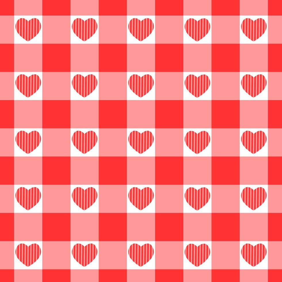 Vichy seamless pattern with hearts. Checkered Valentine day texture for picnic blanket, tablecloth, plaid vector