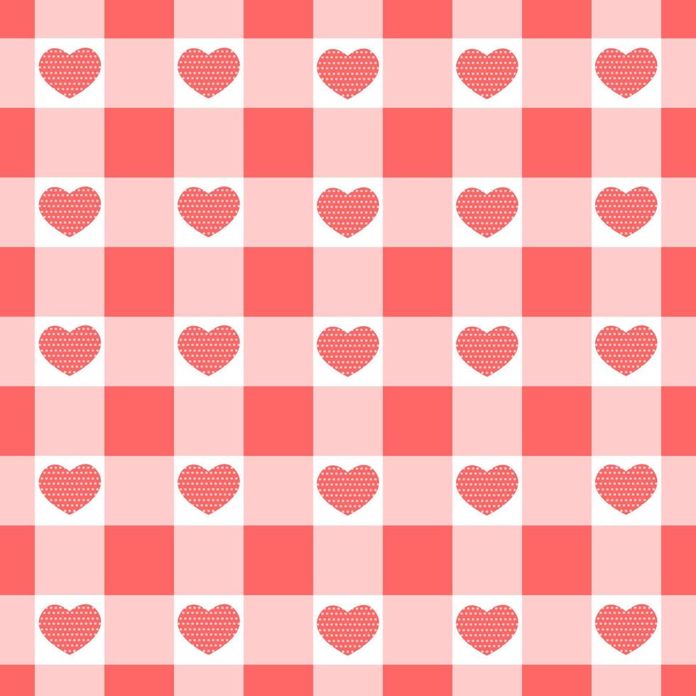 Vichy seamless pattern with hearts. Checkered Valentine day texture for picnic blanket, tablecloth, plaid vector