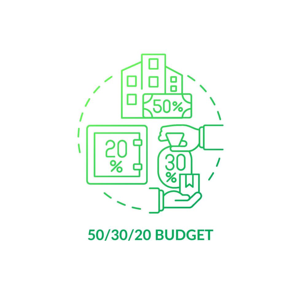 Fifty thirty twenty rule budget green gradient concept icon. Financial planning abstract idea thin line illustration. Isolated outline drawing. Roboto-Medium, Myriad Pro-Bold fonts used vector