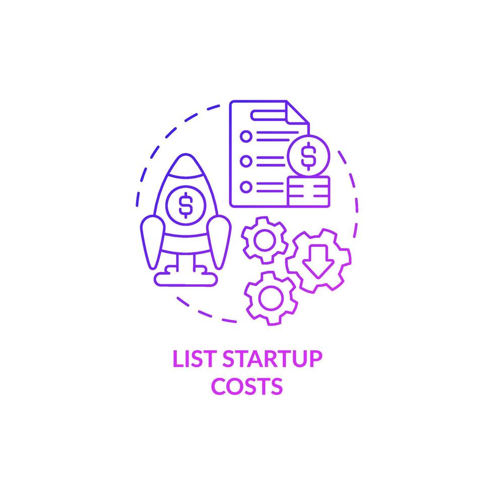 List startup costs purple gradient concept icon. Expenditures. Startup budgeting abstract idea thin line illustration. Isolated outline drawing. Roboto-Medium, Myriad Pro-Bold fonts used vector