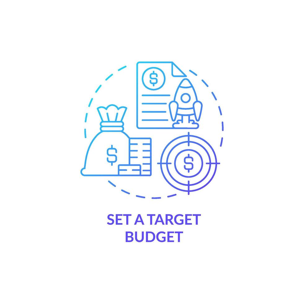 Set target budget blue gradient concept icon. Financial goal. Startup budgeting abstract idea thin line illustration. Isolated outline drawing. Roboto-Medium, Myriad Pro-Bold fonts used vector