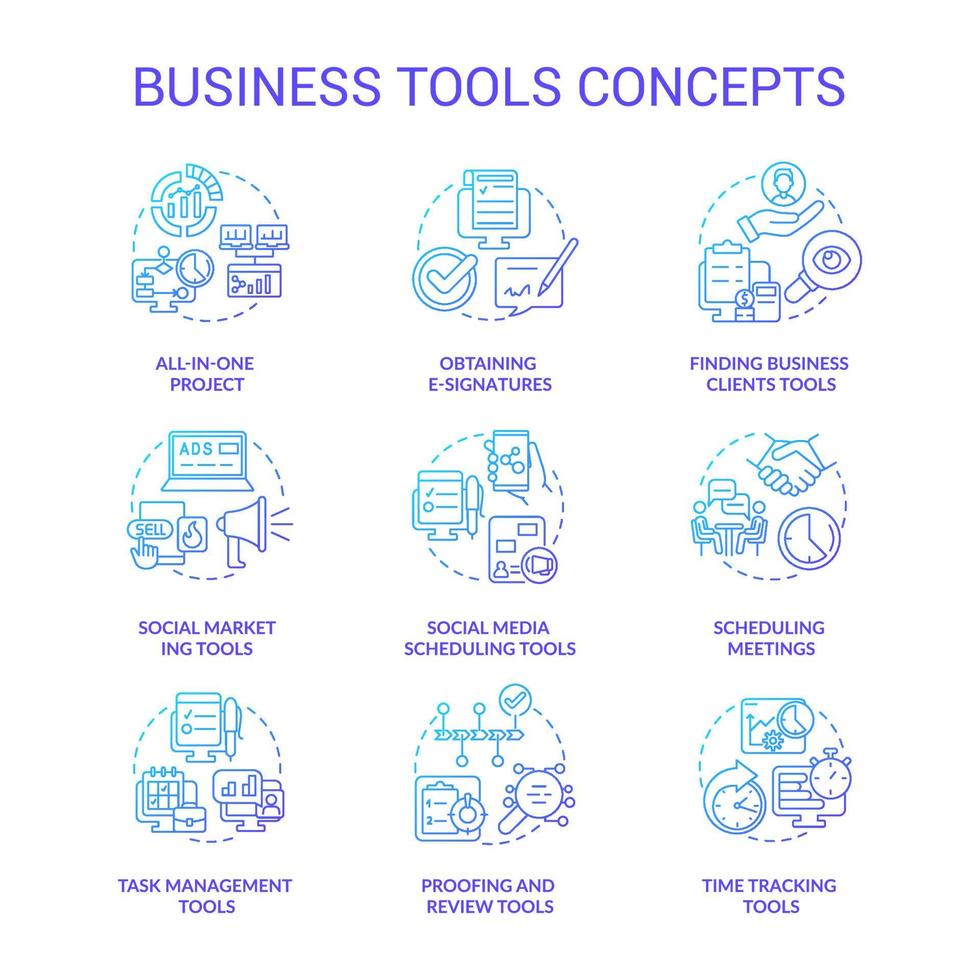 Business tools blue gradient concept icons set. Social marketing idea thin line color illustrations. Scheduling meetings. Isolated outline drawings. Roboto-Medium, Myriad Pro-Bold fonts used vector