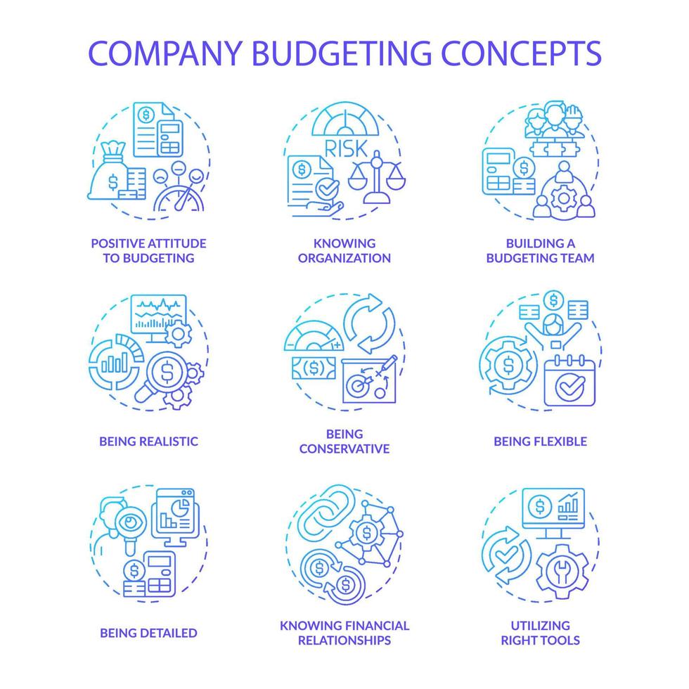 conjunto de iconos de concepto de gradiente azul de presupuesto de empresa. plan financiero para ideas de negocios ilustraciones en color de línea delgada. dibujos de contorno aislados. roboto-medium, innumerables fuentes pro-bold utilizadas vector