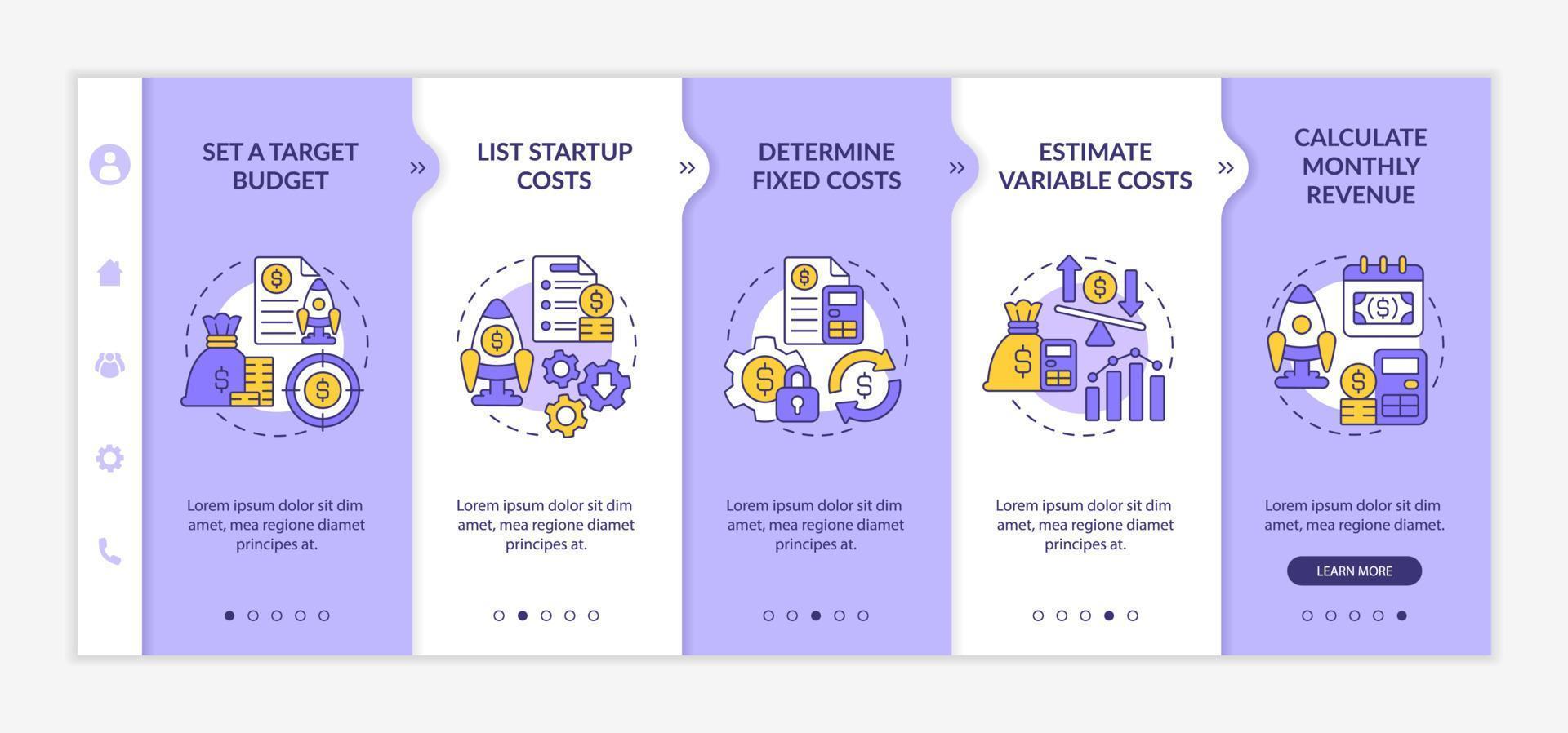 Startup budgeting purple and white onboarding template. Business plan. Responsive mobile website with linear concept icons. Web page walkthrough 5 step screens. Lato-Bold, Regular fonts used vector