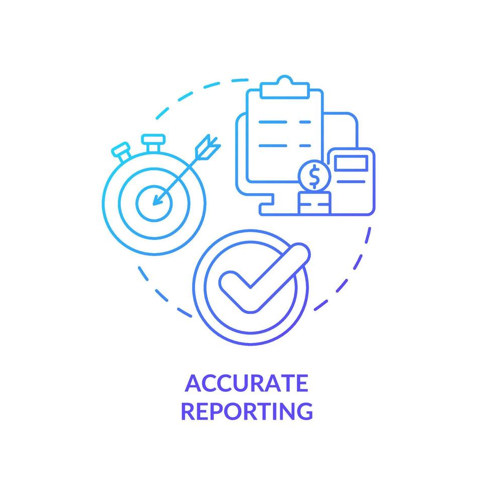 Accurate reporting blue gradient concept icon. Detailed statistics abstract idea thin line illustration. Results processing. Isolated outline drawing. Roboto-Medium, Myriad Pro-Bold fonts used vector