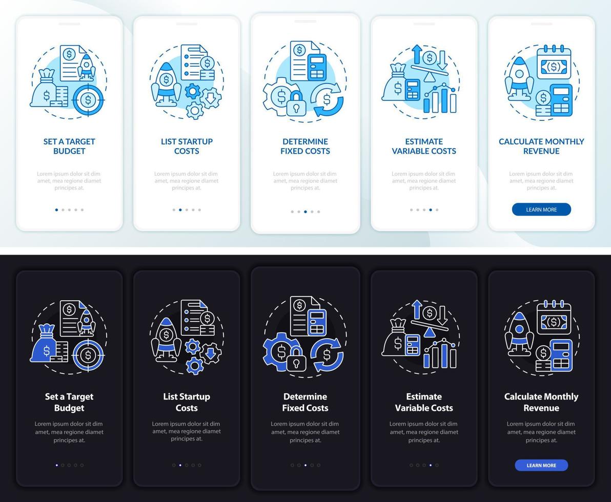 Startup budgeting night and day mode onboarding mobile app screen. Walkthrough 5 steps graphic instructions pages with linear concepts. UI, UX, GUI template. Myriad Pro-Bold, Regular fonts used vector