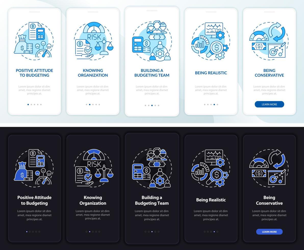 Budgeting night and day mode onboarding mobile app screen. Walkthrough 5 steps graphic instructions pages with linear concepts. UI, UX, GUI template. Myriad Pro-Bold, Regular fonts used vector