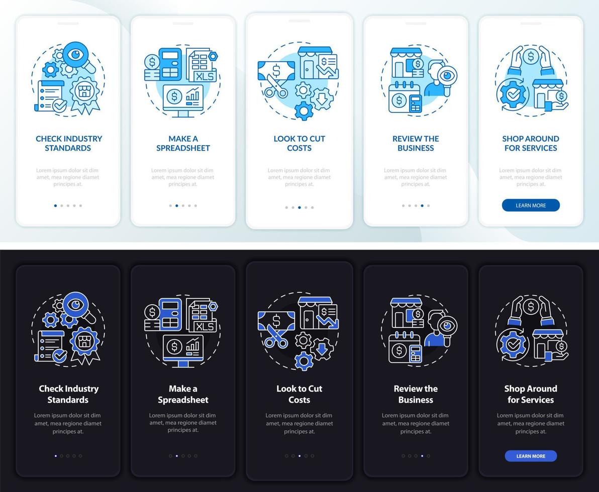 Small business budget night and day mode onboarding mobile app screen. Walkthrough 5 steps graphic instructions pages with linear concepts. UI, UX, GUI template. Myriad Pro-Bold, Regular fonts used vector