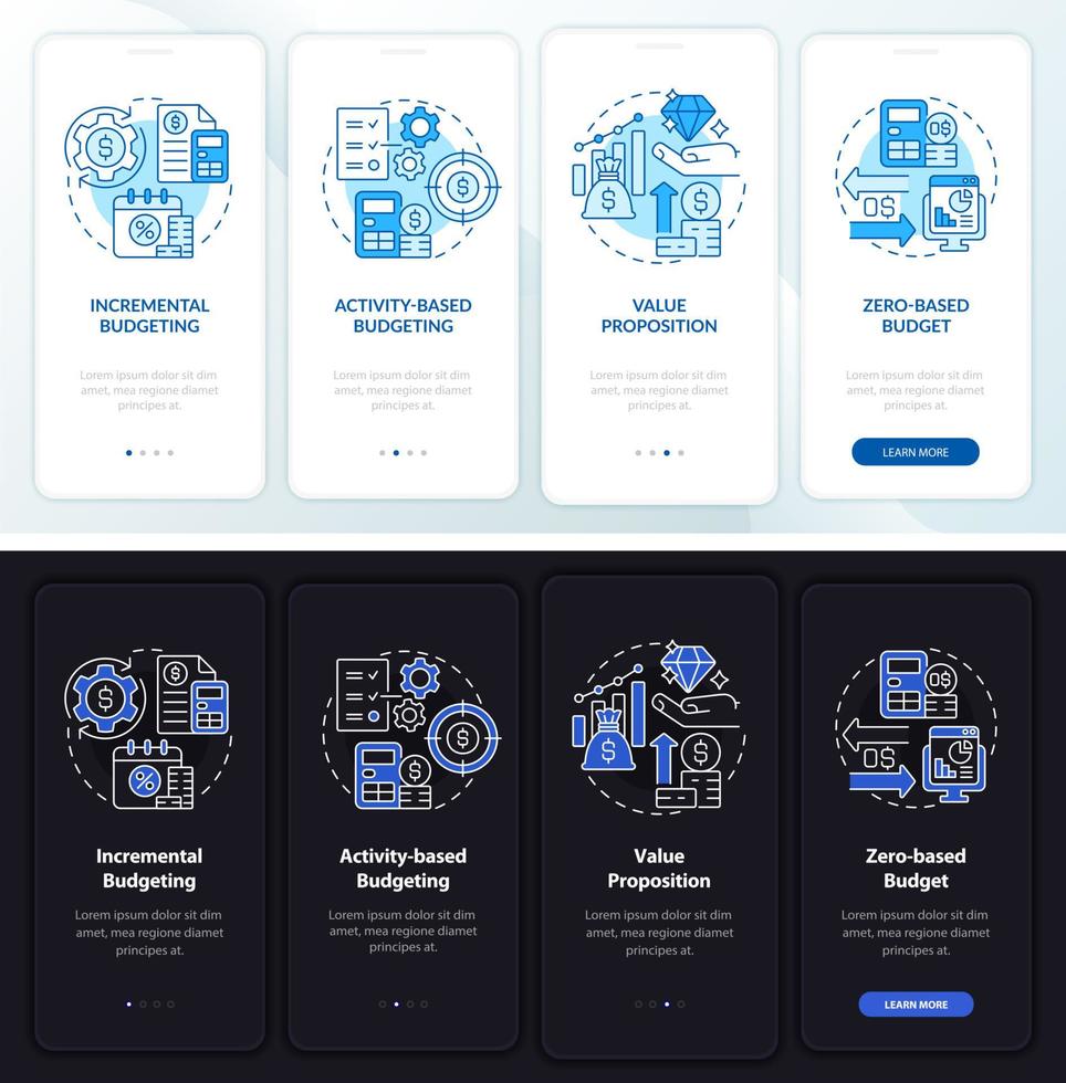 Budgeting types night and day mode onboarding mobile app screen. Walkthrough 4 steps graphic instructions pages with linear concepts. UI, UX, GUI template. Myriad Pro-Bold, Regular fonts used vector