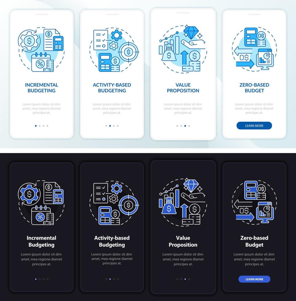 tipos de presupuestos pantalla de aplicación móvil de incorporación de modo día y noche. tutorial 4 pasos páginas de instrucciones gráficas con conceptos lineales. interfaz de usuario, ux, plantilla de interfaz gráfica de usuario. innumerables fuentes pro-negrita y regulares utilizadas vector