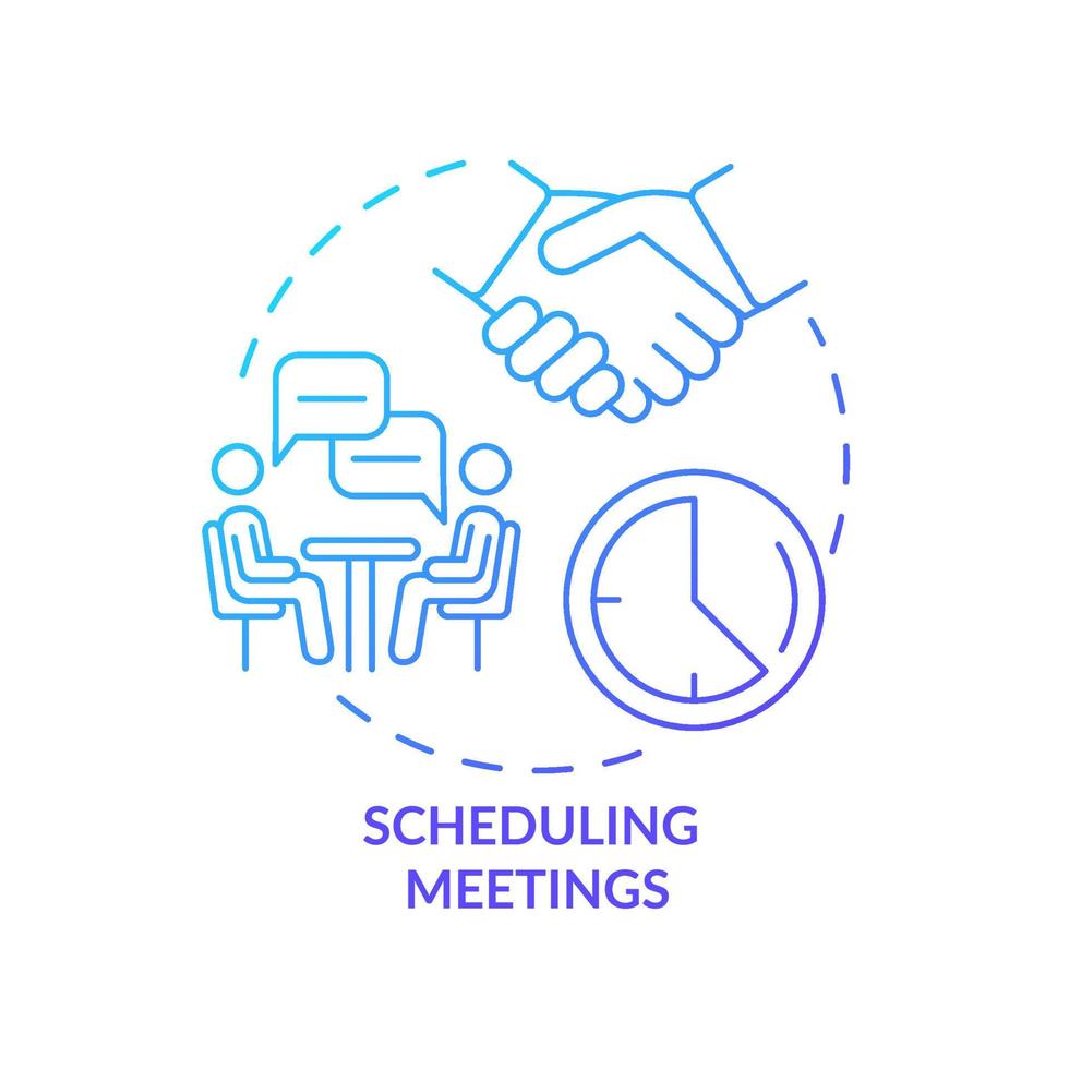 Scheduling meetings blue gradient concept icon. Coordinate calendars abstract idea thin line illustration. Booking meetings. Isolated outline drawing. Roboto-Medium, Myriad Pro-Bold fonts used vector