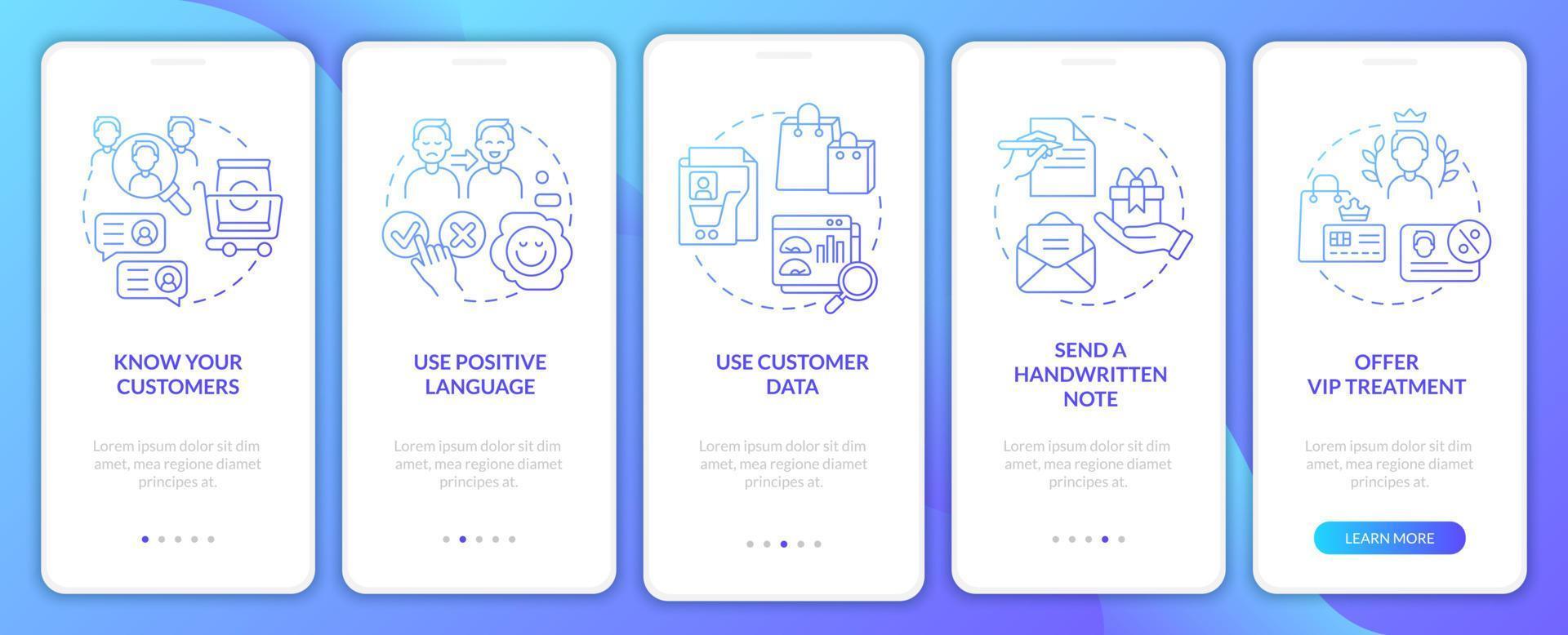 consejos de asistencia al cliente pantalla de la aplicación móvil de incorporación de gradiente azul. tutorial 5 pasos páginas de instrucciones gráficas con conceptos lineales. interfaz de usuario, ux, plantilla de interfaz gráfica de usuario. innumerables fuentes pro-negrita y regulares utilizadas vector