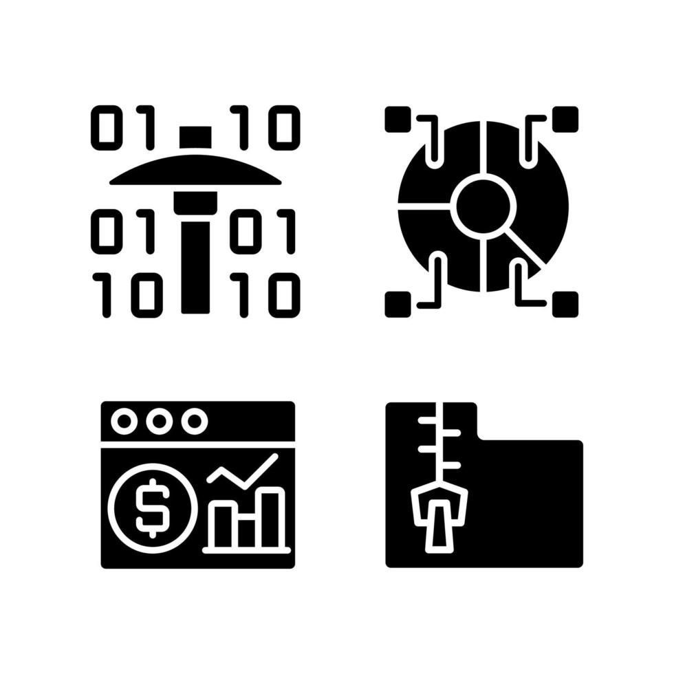 Financial data mining black glyph icons set on white space. Processing digital information. Research new development ways. Future science. Silhouette symbols. Vector isolated illustration