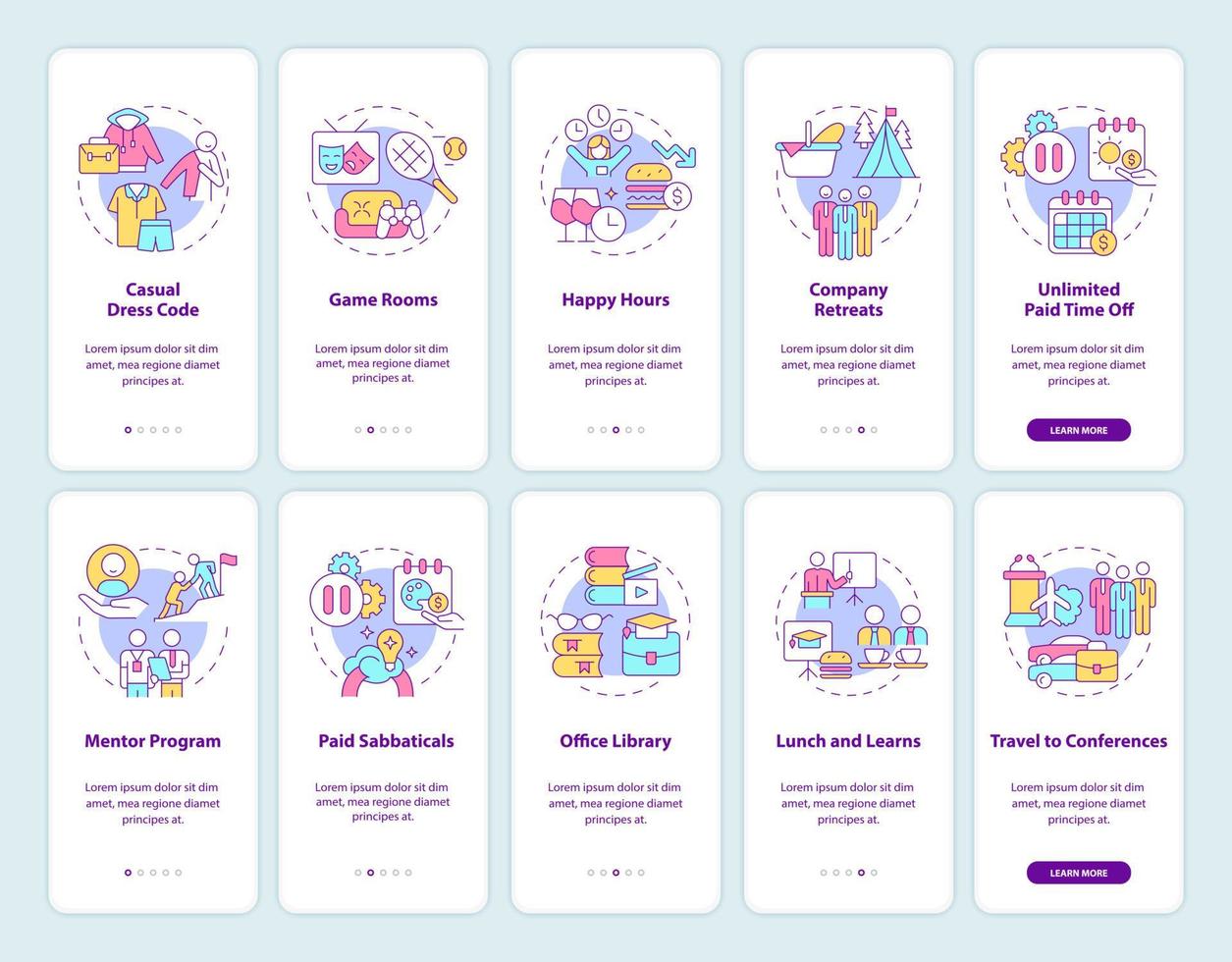 Employee perks onboarding mobile app page screen set vector