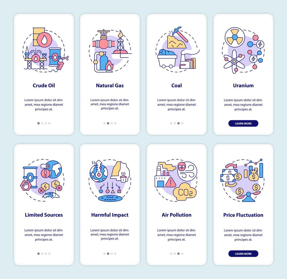 Nonrenewable sources and ecology onboarding mobile app page screen set vector