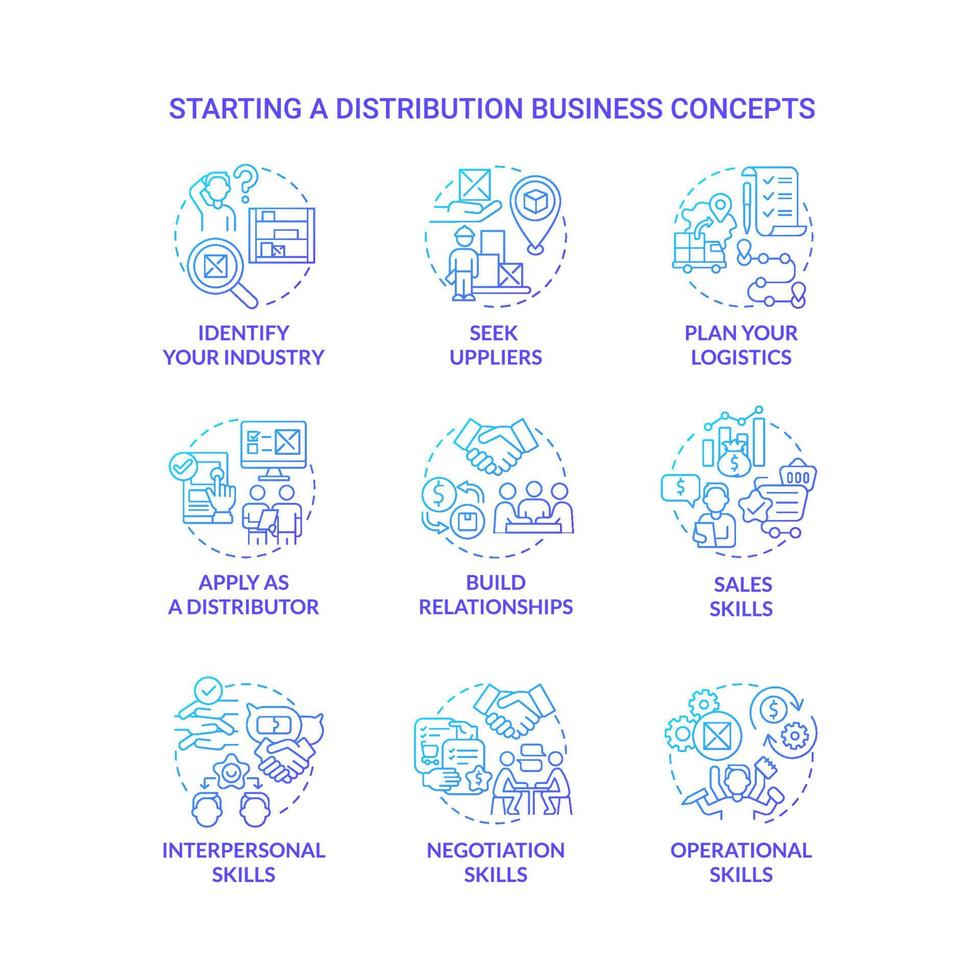 Starting distribution business blue gradient concept icons set vector