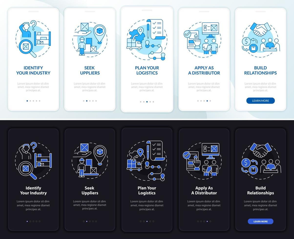 Distribution business steps onboarding mobile app page screen vector