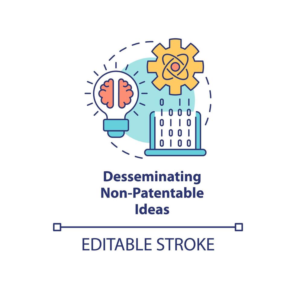 Disseminating non-patentable ideas concept icon. Scientific knowledge transfer. Nonfunctional invention abstract idea thin line illustration. Vector isolated outline color drawing. Editable stroke