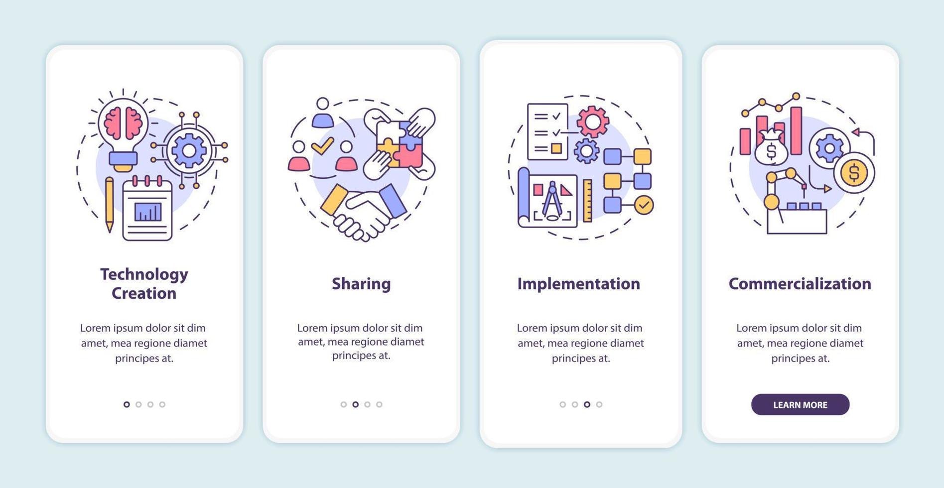 Tech transfer levels onboarding mobile app page screen. Creation and sharing walkthrough 4 steps graphic instructions with concepts. UI, UX, GUI vector template with linear color illustrations