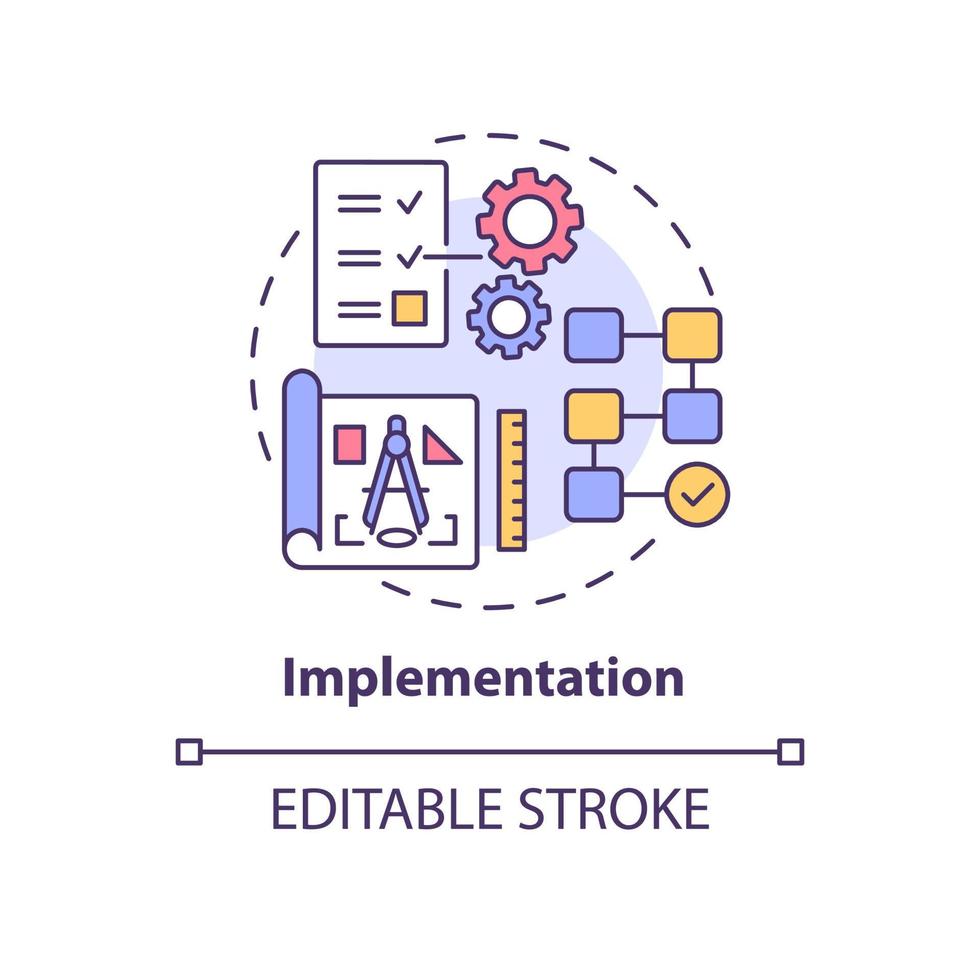 icono del concepto de implementación. integración de nuevas soluciones tecnológicas. ejecución del plan. realización del proyecto idea abstracta ilustración de línea delgada. dibujo de color de contorno aislado vectorial. trazo editable vector