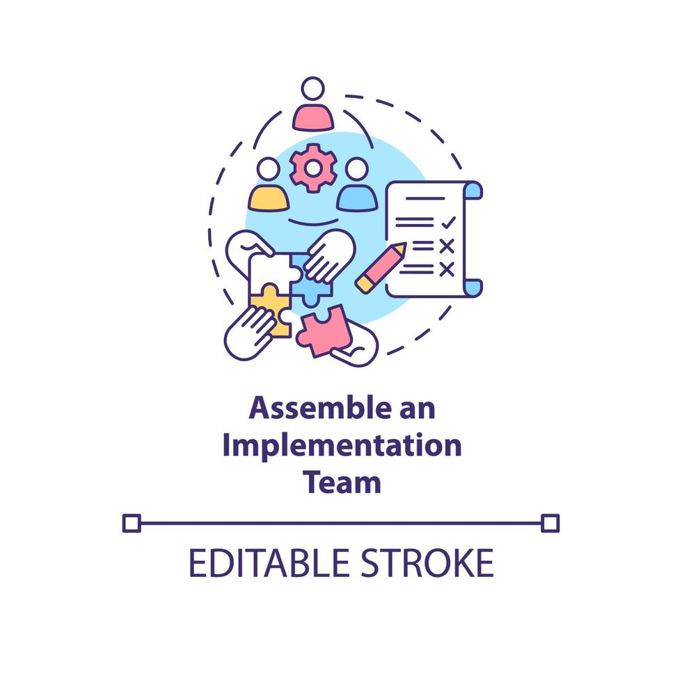 Assemble an implementation team concept icon. Build collaborative relationships. Execution program support abstract idea thin line illustration. Vector isolated outline color drawing. Editable stroke