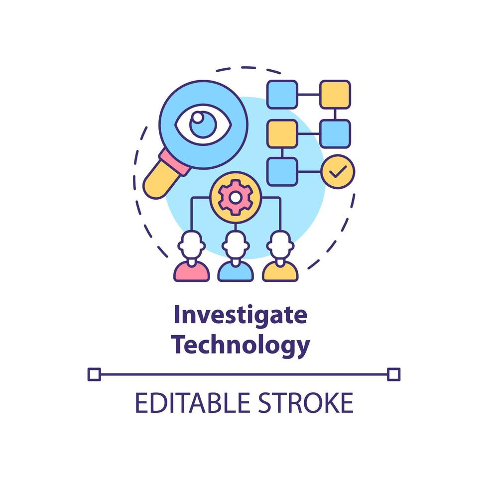 Investigate technology concept icon. Identify and examine problem. New solutions implementation abstract idea thin line illustration. Vector isolated outline color drawing. Editable stroke