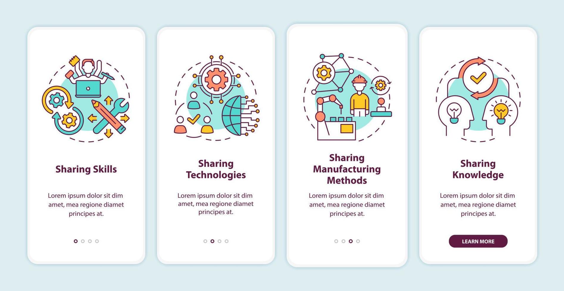 Transfer methods onboarding mobile app page screen. Sharing skills and technologies walkthrough 4 steps graphic instructions with concepts. UI, UX, GUI vector template with linear color illustrations