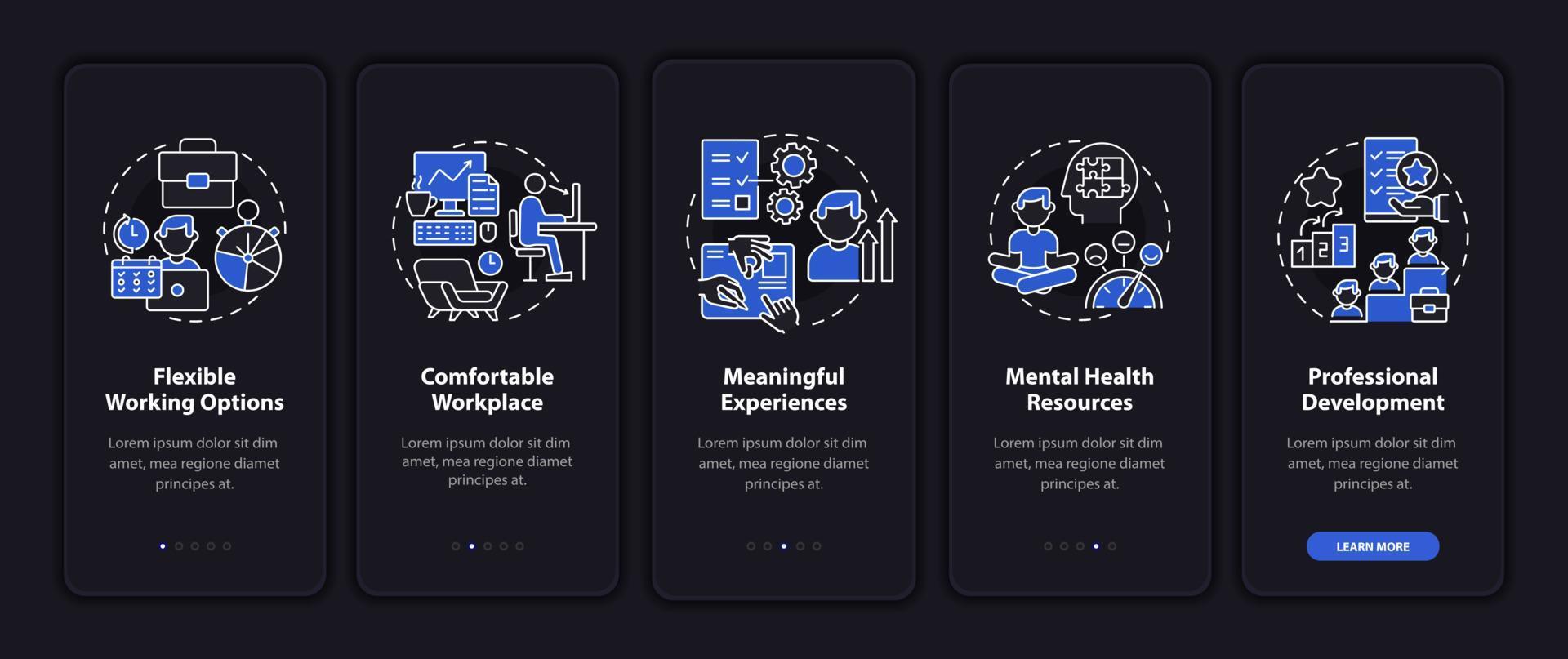 Employee benefits dark onboarding mobile app page screen. Workplace perks walkthrough 5 steps graphic instructions with concepts. UI, UX, GUI vector template with linear night mode illustrations