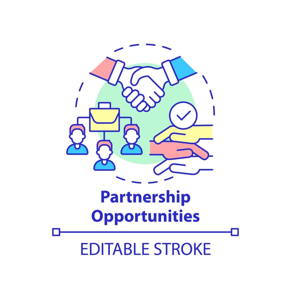 Partnership opportunities concept icon. Social entrepreneurship abstract idea thin line illustration. Companies collaboration and alliance. Vector isolated outline color drawing. Editable stroke