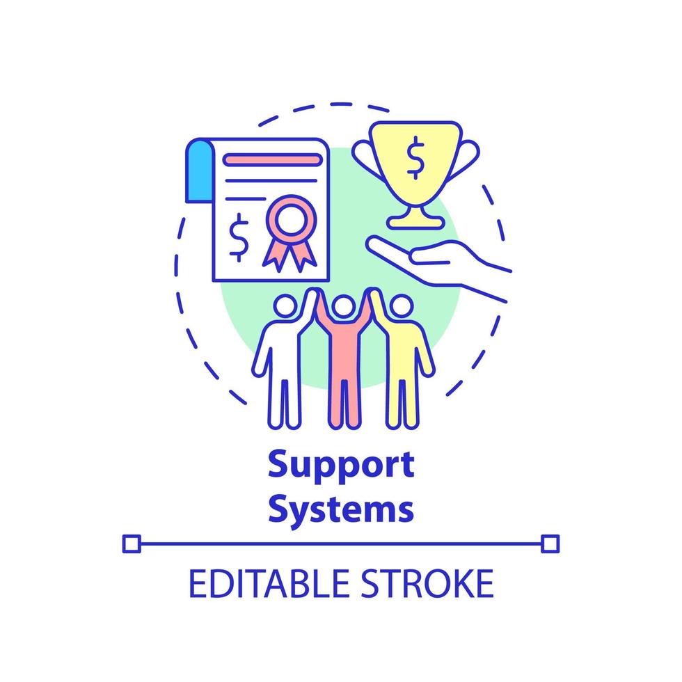Support systems concept icon. Social entrepreneurship abstract idea thin line illustration. Build business credibility. Attract investors. Vector isolated outline color drawing. Editable stroke