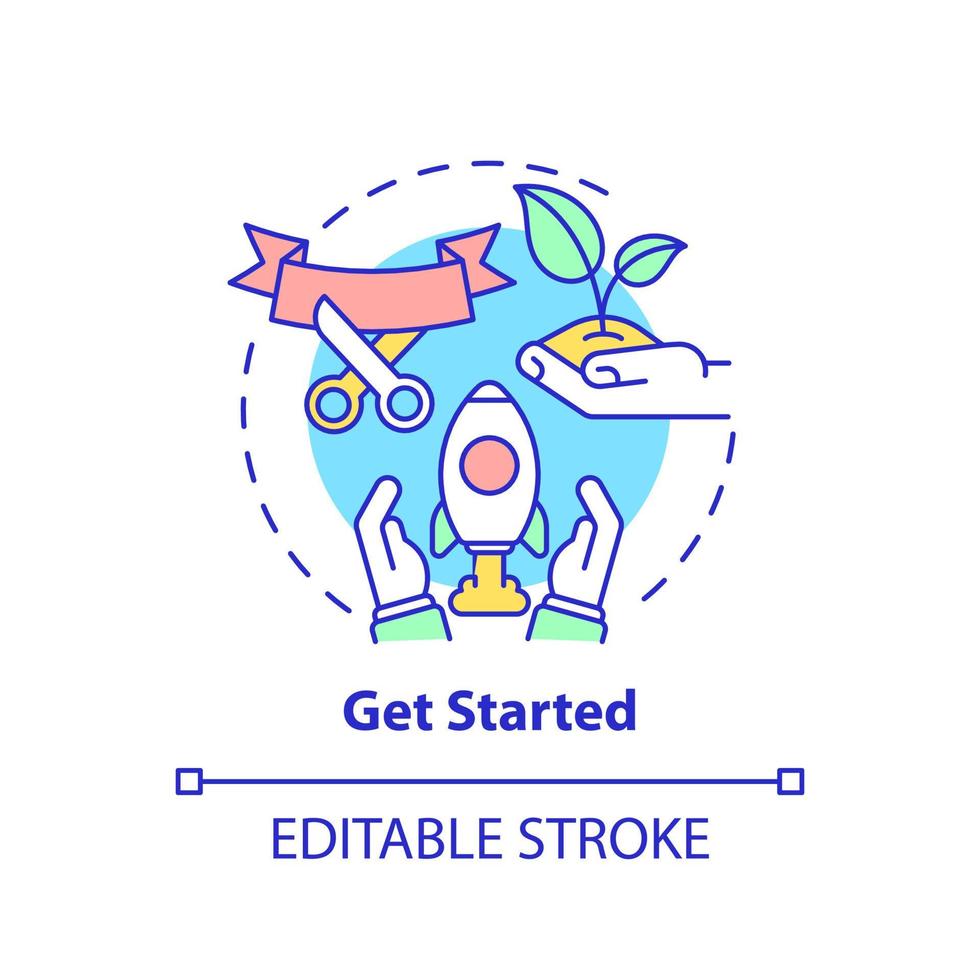 Get started concept icon. Social entrepreneurship abstract idea thin line illustration. Launch startup. Establish company. Social project. Vector isolated outline color drawing. Editable stroke