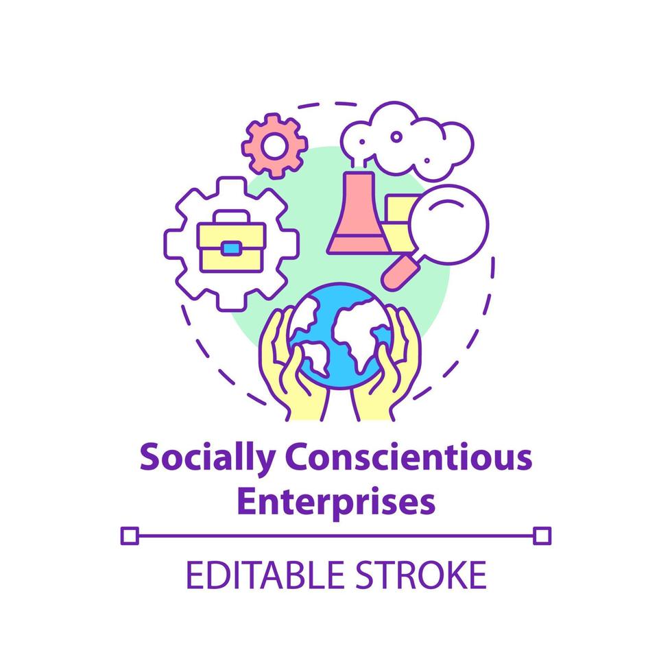 Socially conscientious enterprises concept icon. Social entrepreneurship focus abstract idea thin line illustration. Corporate responsibility. Vector isolated outline color drawing. Editable stroke