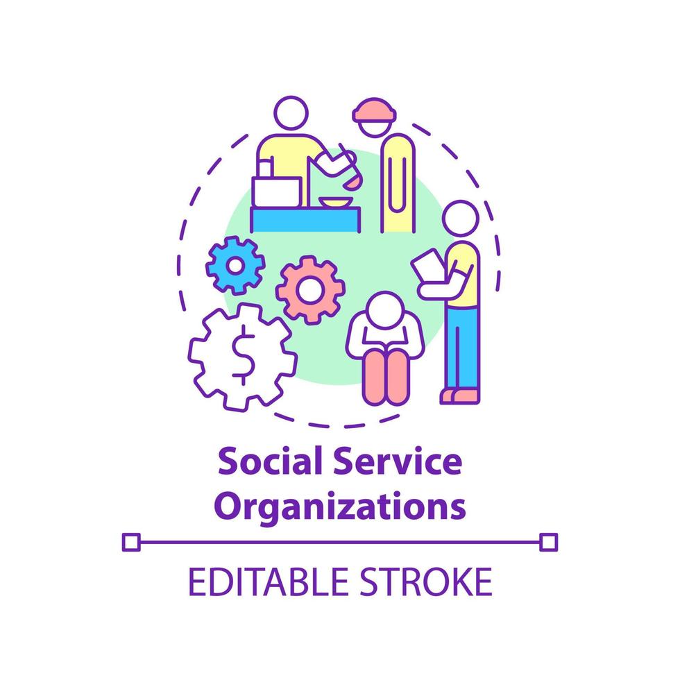 Social service organizations concept icon. Social entrepreneurship focus abstract idea thin line illustration. Support people in need. Charity. Vector isolated outline color drawing. Editable stroke