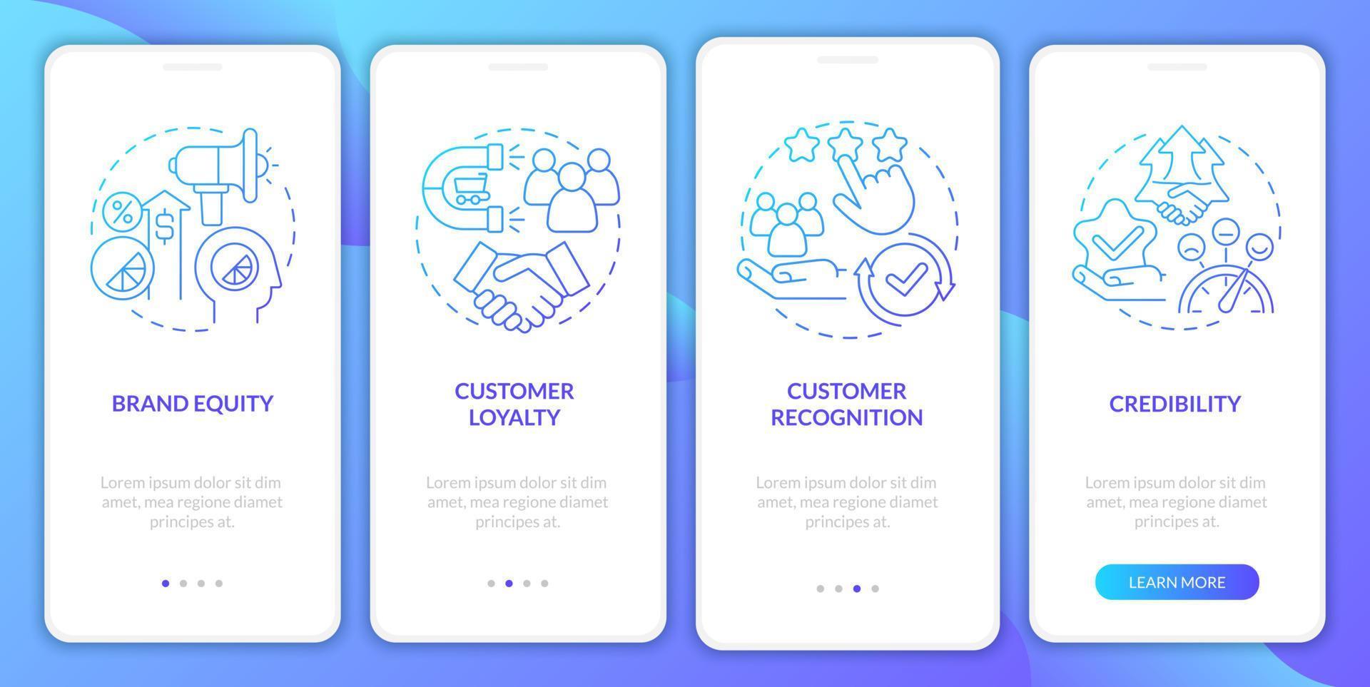 Branding benefits gradient onboarding mobile app page screen. Planning business walkthrough 4 steps graphic instructions with concepts. UI, UX, GUI vector template with linear color illustrations