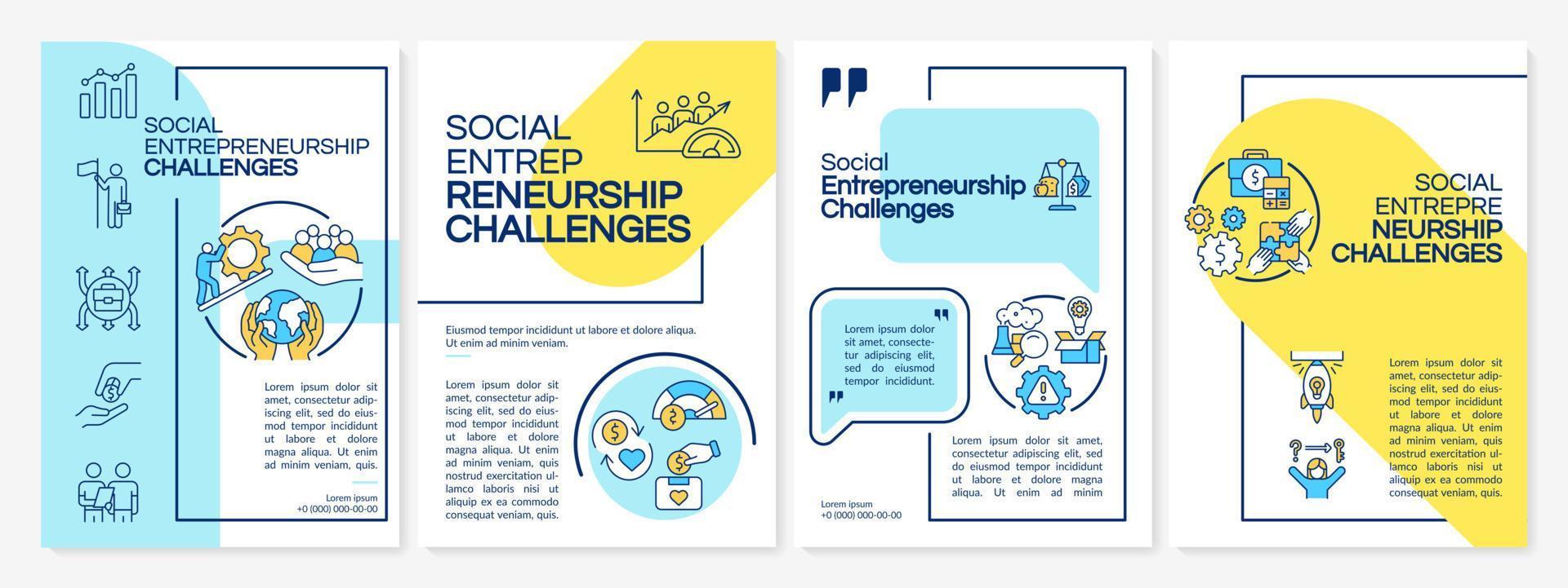 el emprendimiento social desafía la plantilla de folleto azul y amarillo. folleto, folleto, impresión de folleto, diseño de portada con iconos lineales. diseños vectoriales para presentaciones, informes anuales, páginas de publicidad vector