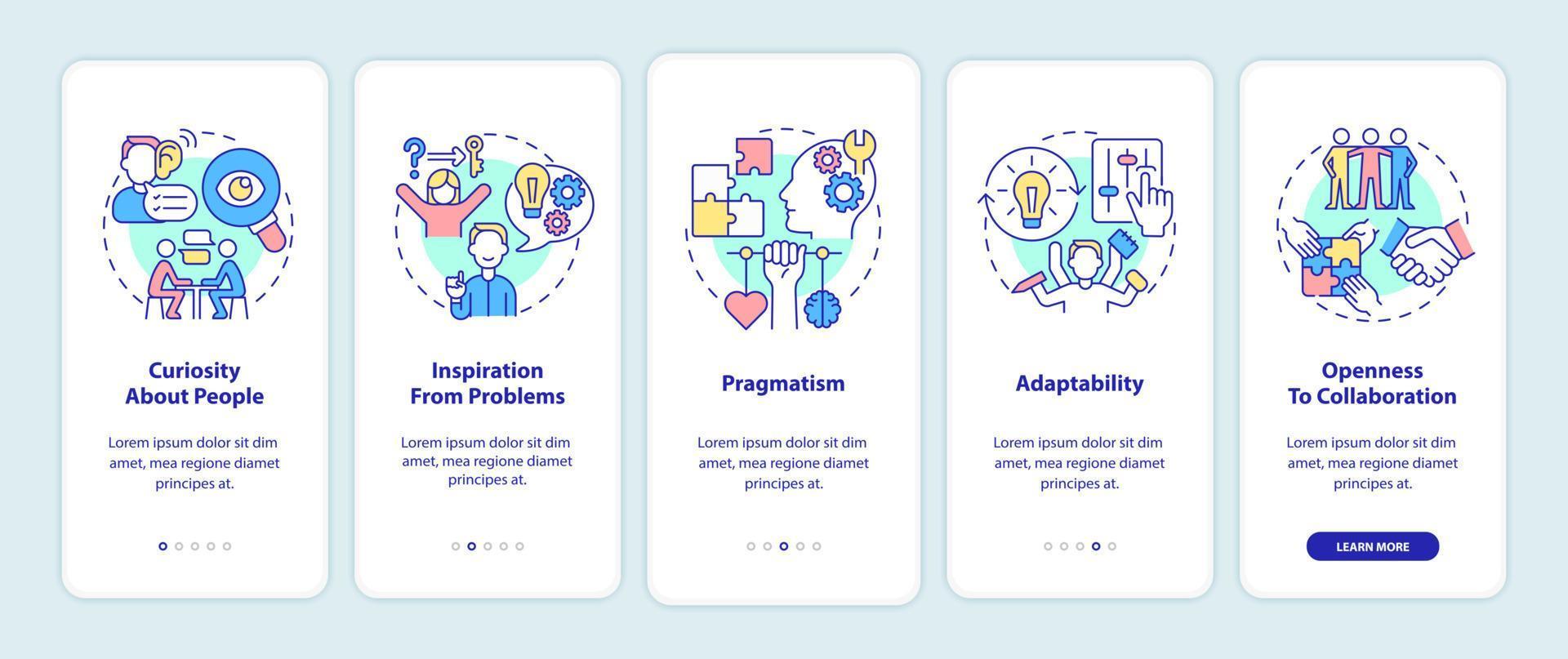 Characteristics of social entrepreneurship onboarding mobile app page screen. Walkthrough 5 steps graphic instructions with concepts. UI, UX, GUI vector template with linear color illustrations