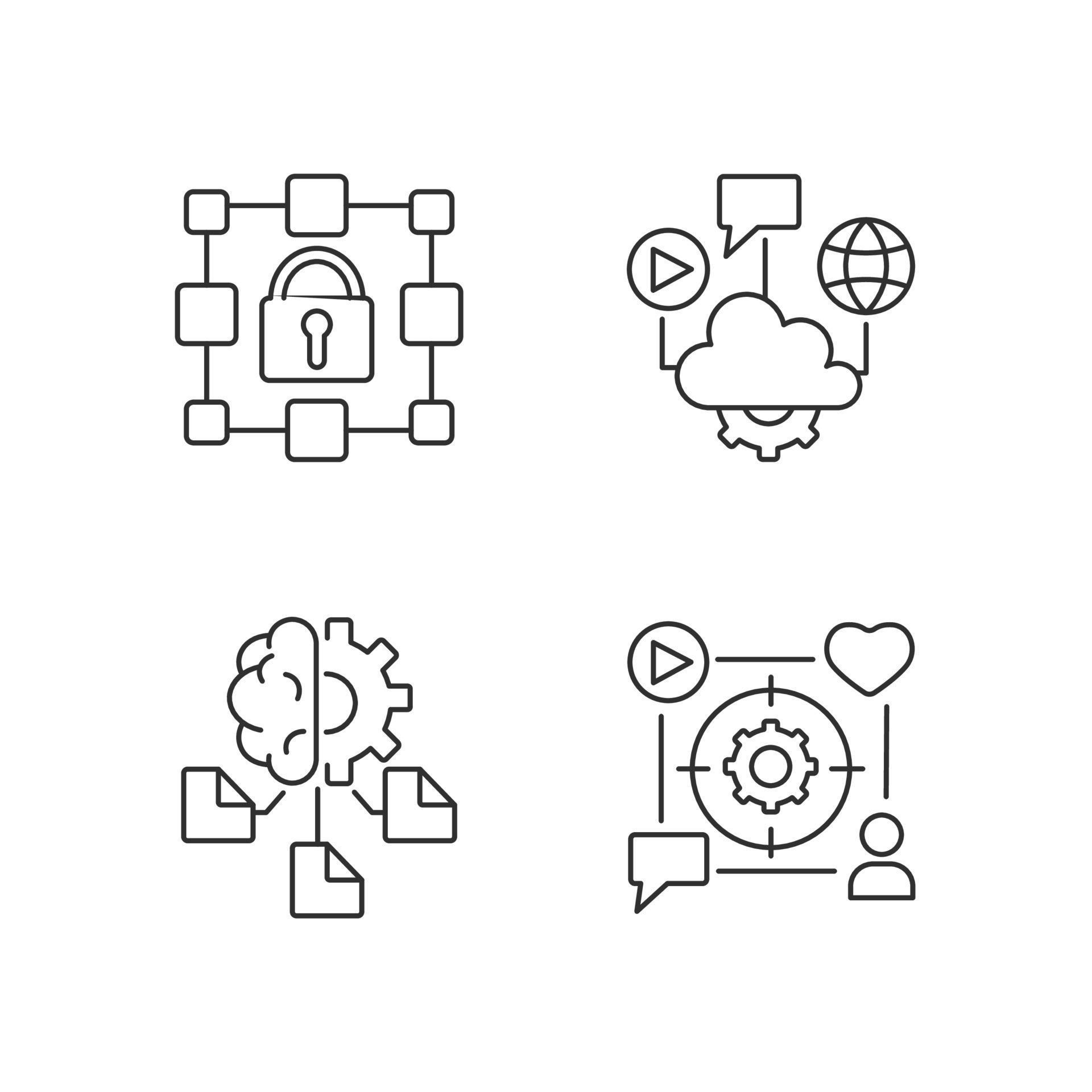 Digital inclusion linear icons set. Cloud computing. Machine learning. Encrypted data storage
