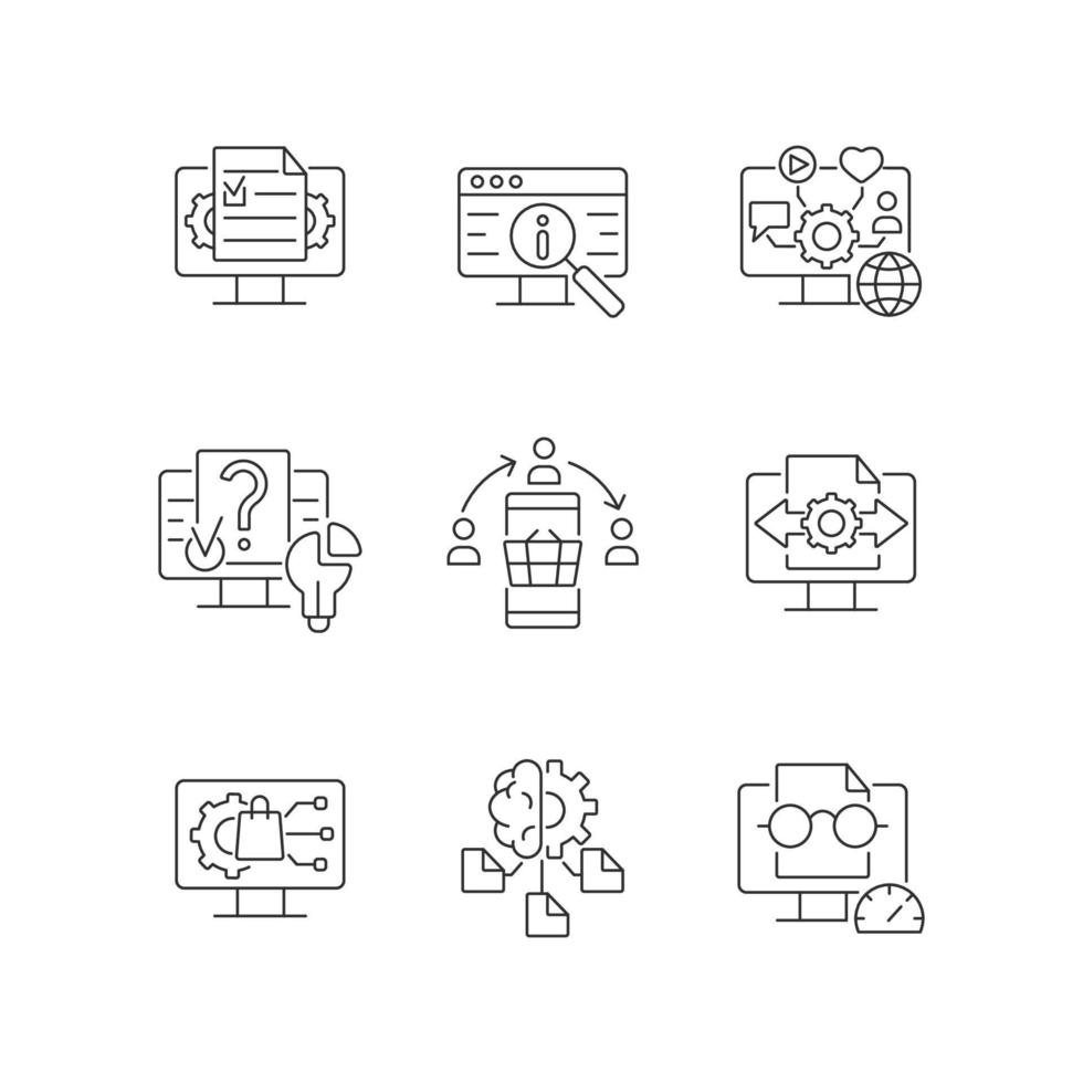 Digital literacy skills linear icons set. Manage digital content. Social networks. Computer algorithms. Customizable thin line contour symbols. Isolated vector outline illustrations. Editable stroke