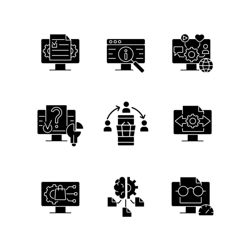 Digital literacy skills black glyph icons set on white space. Manage digital content. Social networks. Computer algorithms. Searching for information. Silhouette symbols. Vector isolated illustration