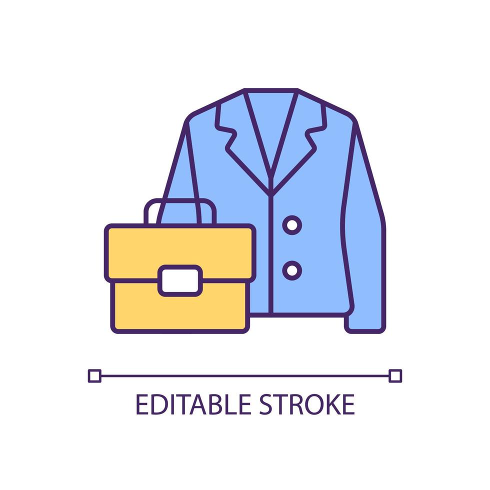 icono de color de equipo de oficina. traje clásico para entrevista. chaqueta formal y estuche. ropa de negocios. estilo jefe. ropa para entrevista. ilustración vectorial aislada. dibujo lineal relleno simple vector