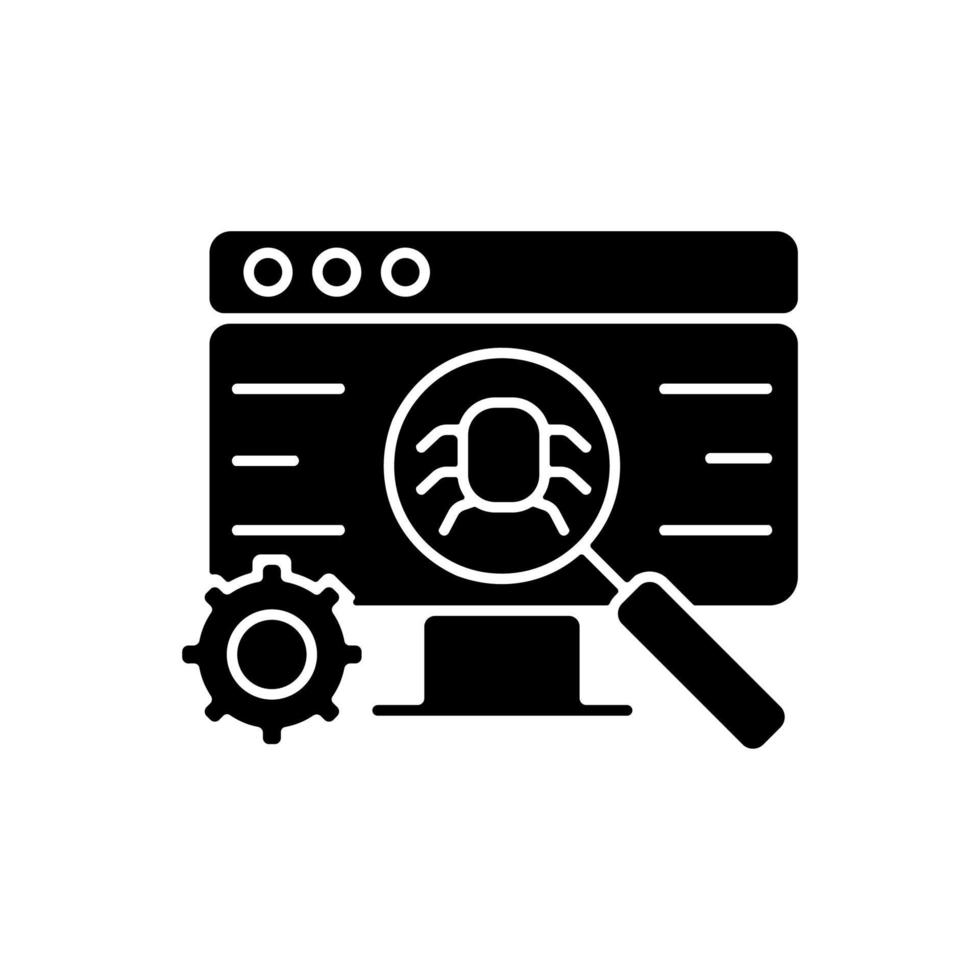 Software testing black glyph icon. Improving performance. Preventing implementation bugs. Handle programming glitches. Defect clustering. Silhouette symbol on white space. Vector isolated illustration