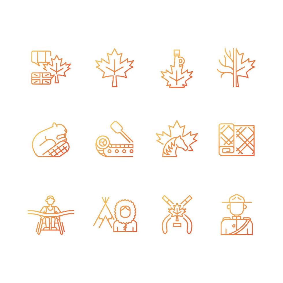 Canadian symbols gradient linear vector icons set. Official canadian emblem. North american beaver. Maple leaf tartan. Thin line contour symbols bundle. Isolated outline illustrations collection