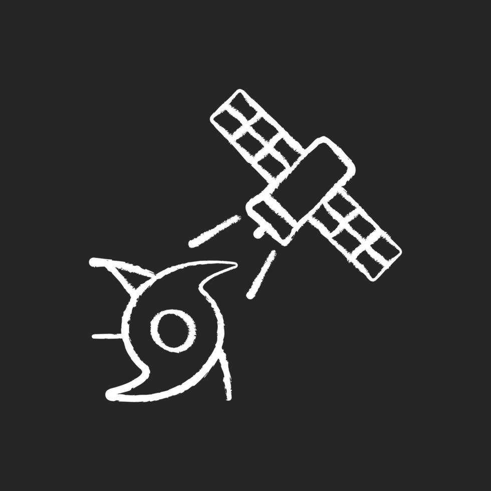 Weather and climate monitoring satellite chalk white icon on dark background. Climate change investigation. Meteorological Earth observation system. Isolated vector chalkboard illustration on black