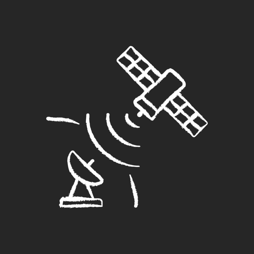 señal de satélite icono blanco tiza sobre fondo oscuro. antena parabólica receptora de señal. conexión de la red mundial de telecomunicaciones. ilustración de pizarra vectorial aislada en negro vector